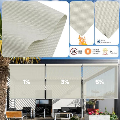 Motorized Outdoor Shades, Custom Patio Roller Blinds with Remote, Smart Exterior Sun Shades Compatible with Alexa, HomeKit, Google Home (3% Openness Beige)