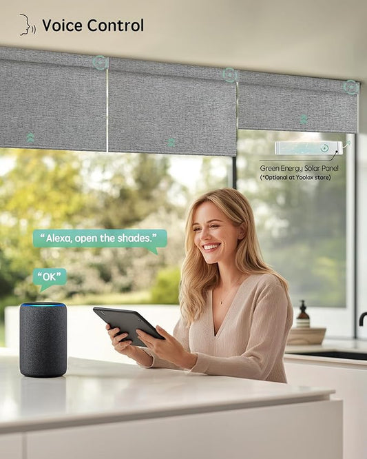 Yoolax Motorized Blinds with Remote, Designer Smart Blinds Work with Alexa, Google, Apple Homekit, 100% Blackout Motorized Shades Custom Electric Shades Voice Control (V-Canyon Gray)