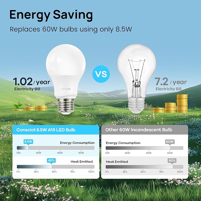 Consciot A19 LED Light Bulb,60W Equivalent,8.5W 3000K Warm White,E26 Base,800 Lumens Non-Dimmable,Energy Efficient LED Light Bulbs,UL Listed for Home Lighting,5-Pack