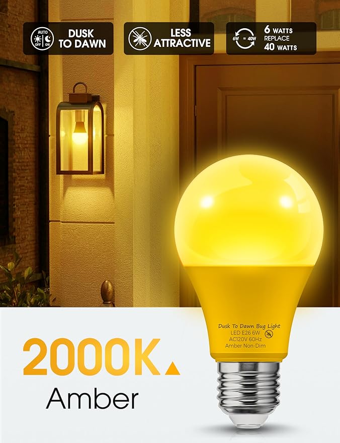 L LOHAS LED 40W Equivalent A19 Amber Porch Light Bulbs, 6W Dusk to Dawn Sensor Yellow Bug Light Bulbs for Outdoor, 2000K E26, 4 Pack