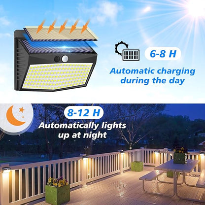 [138 LED/6 Packs] Solar Outdoor Motion Sensor Lights with 3 Lighting Modes Wall Lights Waterproof Solar Security Powered Lights for Garden Fence Yard Deck Garage, Warm White