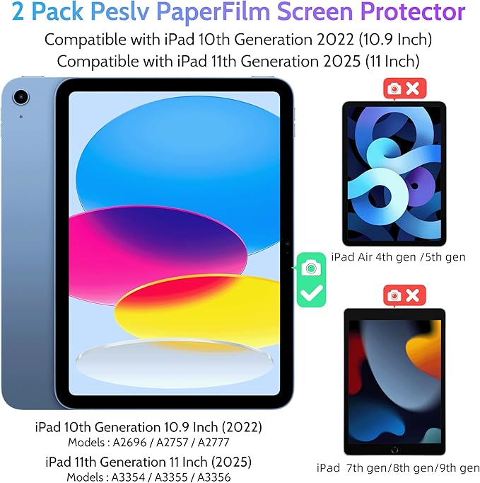 Peslv 2 Pack Anti Blue Light Paper Film for iPad 10th/11th A16 (2022/2025), Drawing & Writing Feel Like on Paper, Matte Anti Glare PET Screen Protector, BlueLight Filter Eye Protection Cover