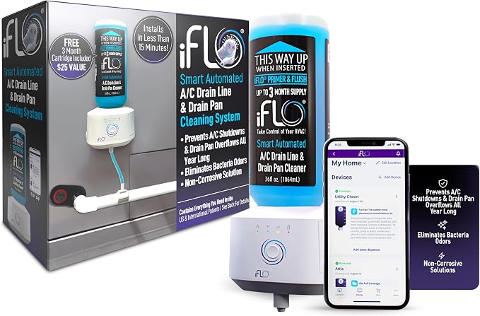 iFLO Smart Automated AC Drain Line HVAC Cleaning System (3 Month Supply) | Easy Installation, App-Controlled Air Conditioner Maintenance Kit for Drain Line & Drain Pan, Includes 36oz Cleaner Cartridge