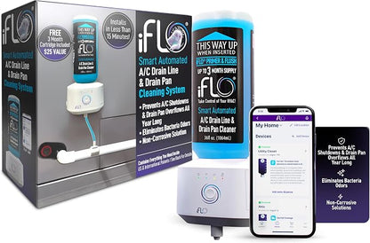 iFLO Smart Automated AC Drain Line HVAC Cleaning System (3 Month Supply) | Easy Installation, App-Controlled Air Conditioner Maintenance Kit for Drain Line & Drain Pan, Includes 36oz Cleaner Cartridge