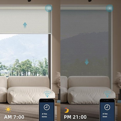 SmartWings Motorized Smart Blinds for Windows in Light Filtering, Electric Remote Roller Shades Compatible with Alexa/Google Home/Homekit, Custom Up to 110”W x 148”H, 5% Openness Aventus White Linen