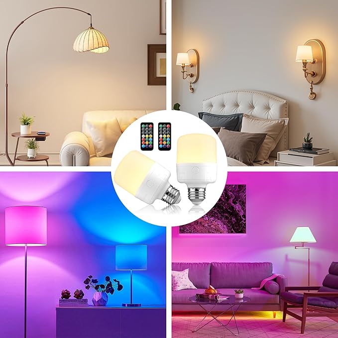 E26 Rechargeable Light Bulbs with Remote, Battery Operated Backup Bulb with Remote and Timer for Sconces Lamps Detachable Wireless Emergency, 3 Color Temperatures + 9 RGB Colors, Non-Hardwired, 2 Pack