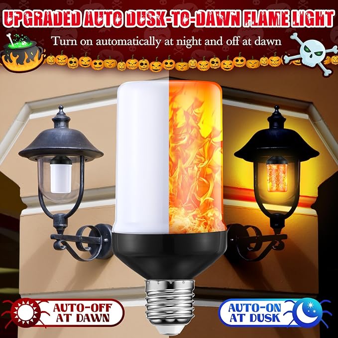 VIHOSE Upgraded Dusk to Dawn LED Flame Light Bulbs Outdoor,E26 Flickering Light Bulbs with Upside Down Effect, Fire Bulb for Christmas Halloween Patio Porch Outdoor Decor, 25, 000 Hours, 2 Pack