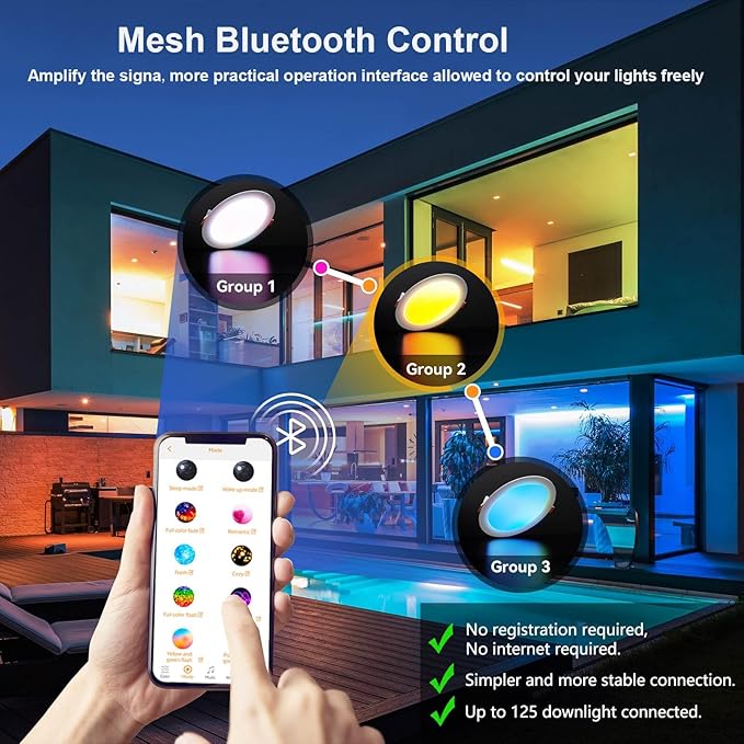 Smart Recessed Lighting 6 inch, 4Pack RGBCW Recessed Ceiling Lights with Junction Box, 16W 1350lm LED Recessed Lights 2700 to 6000K Canless LED Downlight Dimmable by Alexa and APP