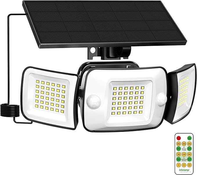 intelamp Solar Flood Lights Outdoor Waterproof, 2 Pack 6000mAh 1200LM Solar Powered Dual Motion Sensor LED Lighting Dusk to Dawn Security Floodlight Exterior with Remote 9.8ft Cable for Garden House