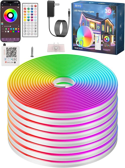 RIYO Neon Rope Lights, 100Ft RGB LED Strip Lights - App & Remote Control, Music Sync, IP67 Waterproof, Flexible Neon Lights for Bedroom, Gaming, Party, Outdoor Decor, Multiple Modes