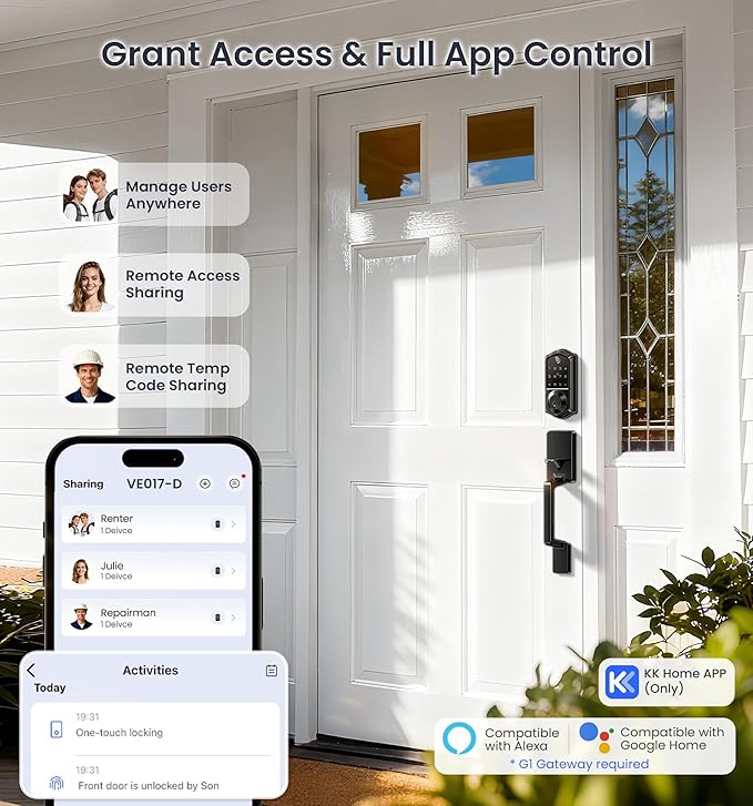 Veise VE017-D Smart Fingerprint Front Door Lock Set, App Control, 8-in-1 Keyless Entry Deadbolt with Lever Handle, Touchscreen Keypad, IP55 Weatherproof, Auto Lock, Easy Install, Matte Black