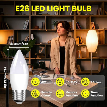 E26 LED Light Bulbs with Remote Control, 400LM 4W Stepless Dimmable 3000K-4000K-6000K Light with Timer & Memory Function, 40W Equivalente Light Bulb for Living Room, Bedroom,2 Bulb& 1 Remote