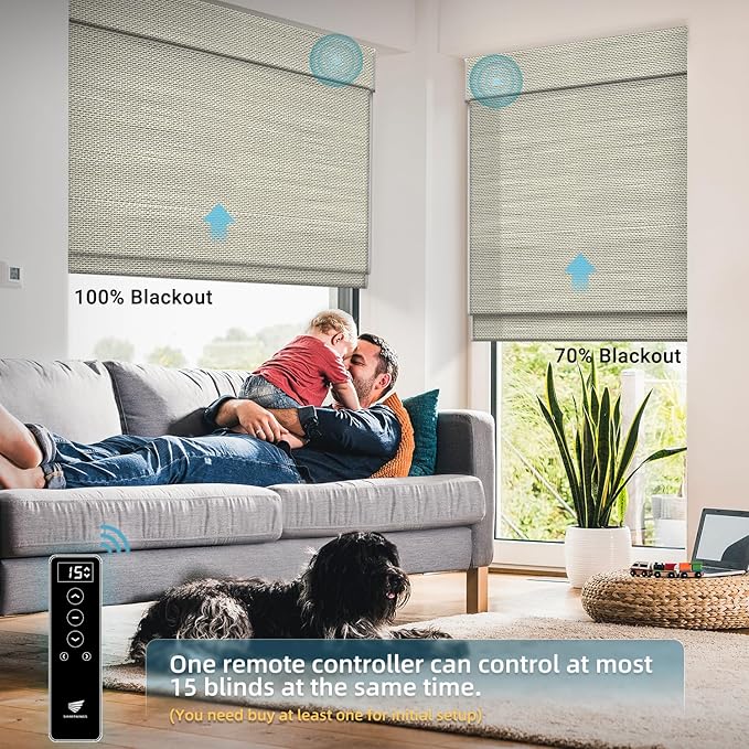 SmartWings Motorized Wood Blinds for Windows, Smart Wooven Shades Blackout/Light fitlering with Remote for Sliding Doors, Work with Matter Homekit Zigbee Alexa Z-Wave, Customized, Bamboo 721