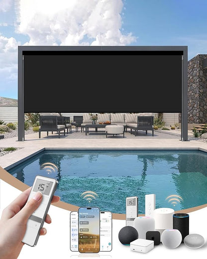 Kincmo Motorized Outdoor Shades for Patio Porch, Custom Outdoor Motorized Blinds with Remote, Waterproof & Windproof Patio Shades Work with Apple Home,Alexa,Google (0% Openness Black)