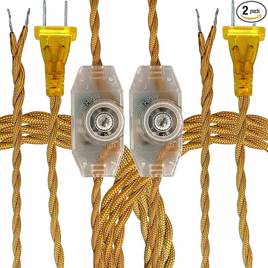 Royal Designs, Inc. 8Ft Twisted Rayon Lamp Cord with NEMA-15P Plug, Rotary Dimmer Switch, Stripped Ends Ready for Wiring, SPT-1 UL Listed, Gold - Pack of 2