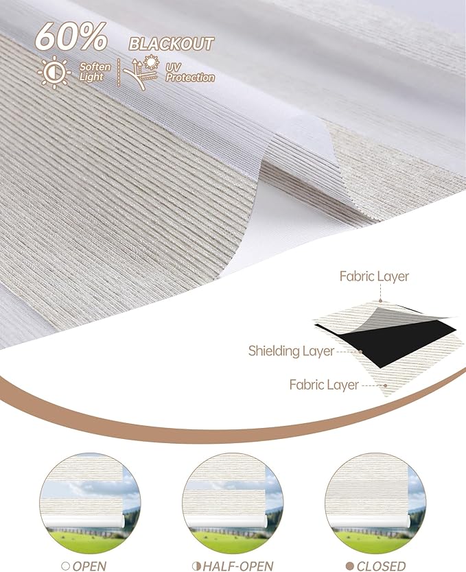 Kincmo Motorized Blinds with Remote, Motorized Zebra Shades Work with Apple Homekit,Alexa,Google Home, Customized Electric Blinds with Remote,App,Voice Control (60% Blackout Monet Beige)