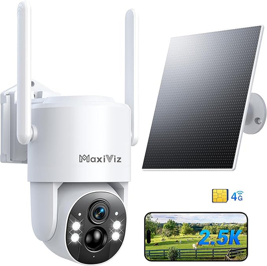 MaxiViz 4G LTE Outdoor Solar Powered Cellular Security Camera Wireless, Off-Grid Camera No WiFi Required, 2.5K UHD Color Night Vision, 360° Live View, Local/Cloud Storage, IP66 Weatherproof, SIM Card