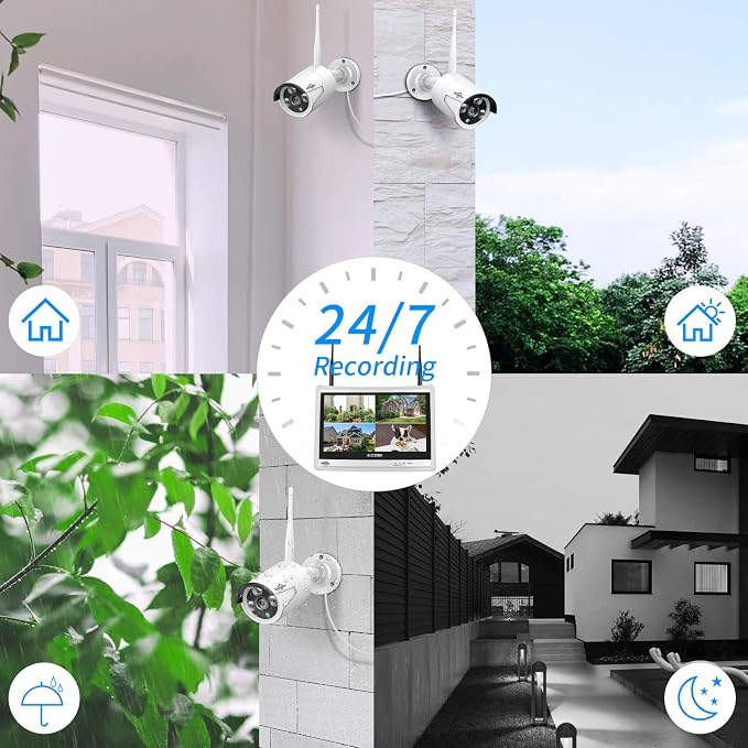 [10CH Expandable] Hiseeu All-in-One Security System with 12" LCD Monitor, 3TB Hard Drive, Wireless 4K Dual WiFi NVR, 4pcs 3MP Outdoor Bullet Cameras, Night Vision, Waterproof for Home or Business…