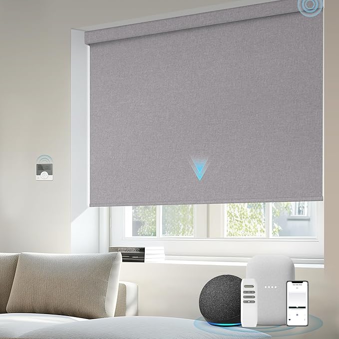 Motorized Blinds Compatible with Alexa Google Custom to 108" Width 100% Blackout Smart Blind Automatic Large Window Roller Shades Remote Control Fabric Grey