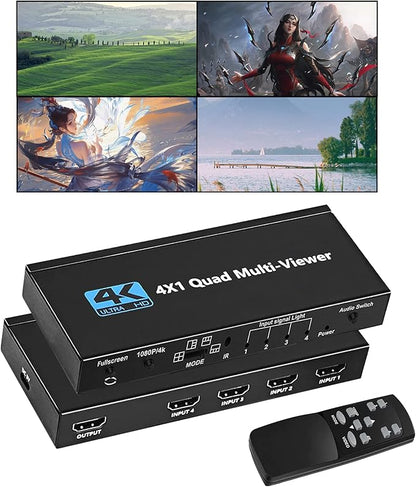 HDMI Multiviewer Switch 4X1, WrixWric HDMI Quad Multi-Viewer Seamless Switcher 4 in 1 Out with IR Remote, Support 4K 30Hz, 5 Display Modes for Security Camera, Monitor, Gaming Consoles