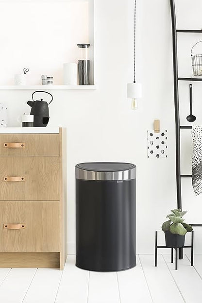 Brabantia Press-Top Kitchen Trash Can with Flat Back | Steel/Black | 10.6 Gallon / 40L | Home Trash Can with Soft-Touch Stay-Open Lid & Removable Inner Bucket | Fits Flat Against Walls | + Trash Bags
