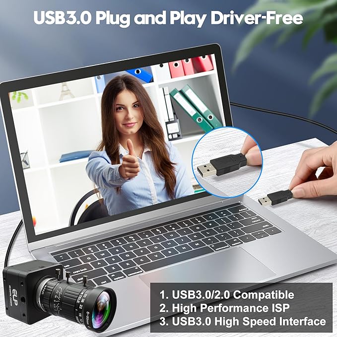 12MP USB 3.0 Camera,4K@30fps 1080P@230fps High Frame Rate UVC Camera, 5-50mm 10X Manual Zoom Lens,Wide Application for Industrial,Security,3D Printer,Compatible with Windows Linux Mac Android