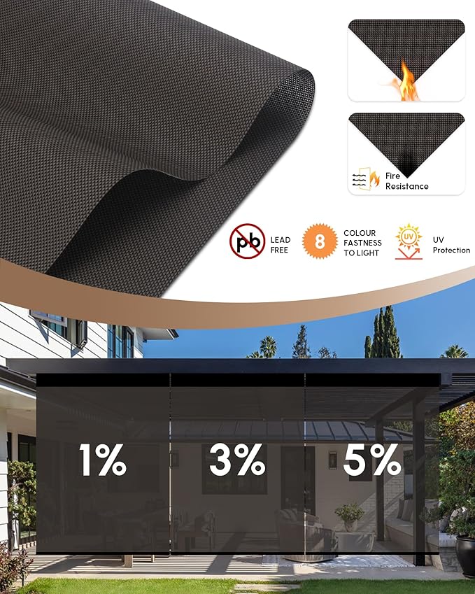 Kincmo Motorized Outdoor Shades for Patio Porch, Custom Outdoor Motorized Blinds with Remote, Waterproof & Windproof Patio Shades Work with Apple Homekit,Alexa,Google (5% Openness Brown)