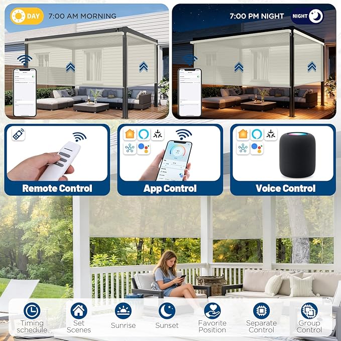 Motorized Outdoor Shades, Custom Patio Roller Blinds with Remote, Smart Exterior Sun Shades Compatible with Alexa, HomeKit, Google Home (5% Openness Beige)