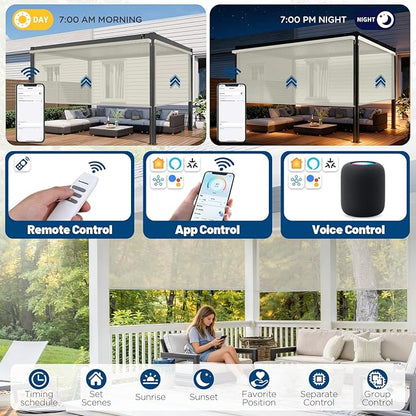 Motorized Outdoor Shades, Custom Patio Roller Blinds with Remote, Smart Exterior Sun Shades Compatible with Alexa, HomeKit, Google Home (5% Openness Beige)