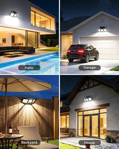 Brightown 2 Pack Solar-Security-Flood-Outdoor-Lights-with-Motion-Sensor, 223 LED 3 Head 270° Angle Street Area Security Lights with Remote, IP65 Waterproof Wall Lights with 3 Modes for Yard Outside