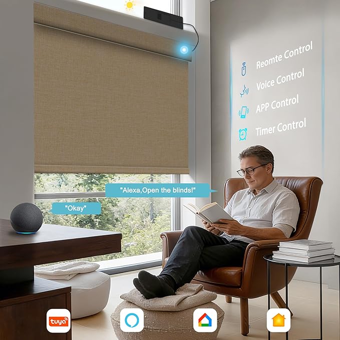 BERISSA Smart Motorized Blinds with Remote,No Drill Automatic Roller Blinds for Indoor Windows,Blackout Linen Fabric,Electric Shades for Windows Home Office,Linen Beige,Custom Size