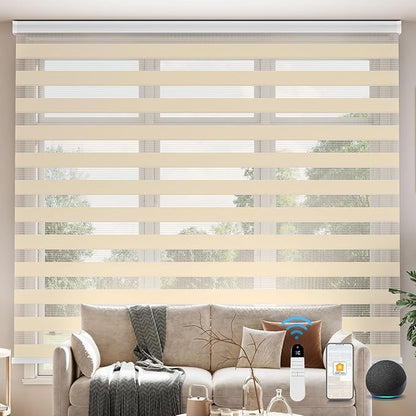 Interior Window Shades, Smart Dual Layer Light Filtering Blinds Compatible with Alexa & Google Home, Customized Size Cordless Electric Window Shades, (Apricot, 55% Blackout)