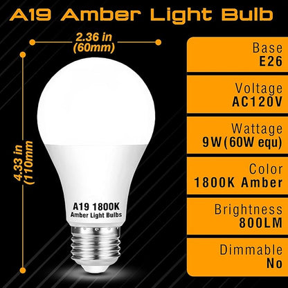 Amber Sleep Light Bulbs 1800K, A19 9W Amber Light Bulb 60W Equivalent, Blue Light Blocking 800lm, E26 Bright Warm Light Bulb for Healthy Sleep, Bedroom, Porch, Patio Lighting, Non-Dimmable, 2 Pack