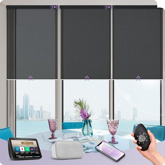 Graywind Motorized Solar Shades Compatible with Alexa Google Remote Electric Window Shade Fireproof Smart Roller Blinds with Valance for Home Office Patio, Custom Size (5% Openness Black)