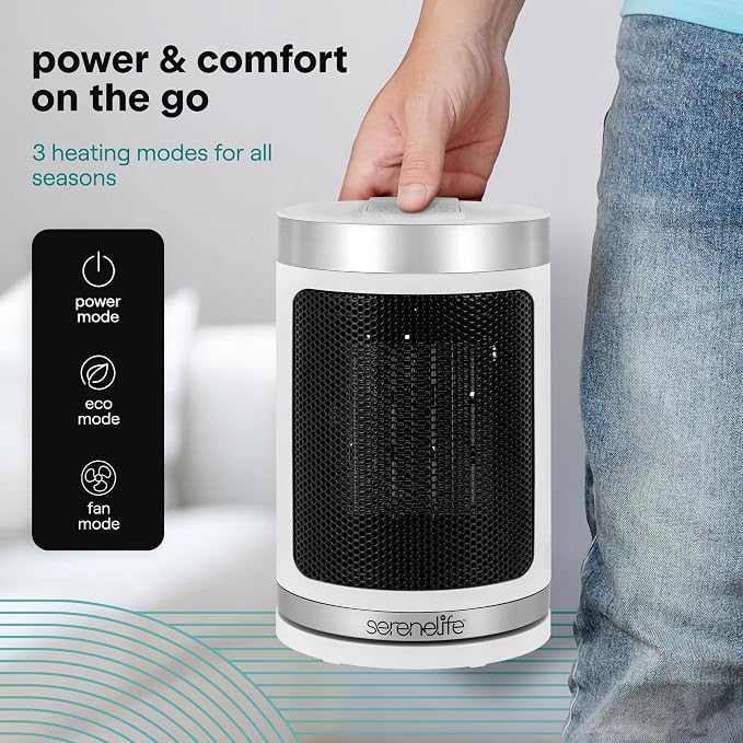 SereneLife Smart Space Heater – 1500W Indoor Electric Heater with Thermostat, Remote Control, 12-Hour Timer, Wi-Fi Enabled PTC Ceramic Heating for Home and Office, White (5.9" x 5.9" x 9.5")