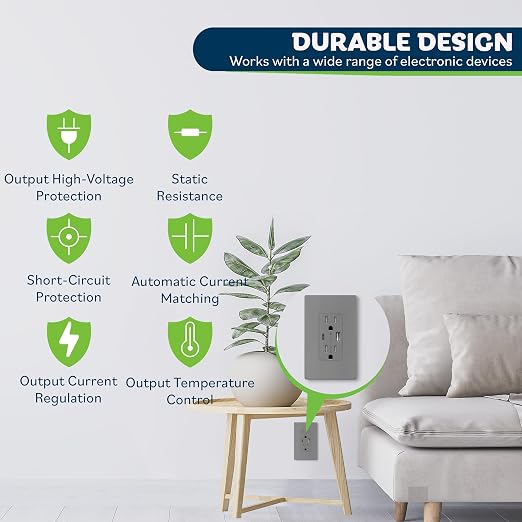 TOPGREENER 2-Port USB Outlet, 4.2A Type C USB Wall Outlet, Gray, 2 Pack | UL Listed, 15 Amp TR Receptacle Plug, USB Receptacle, Charging Power Outlet with USB C&A Ports, Wall Plate Included