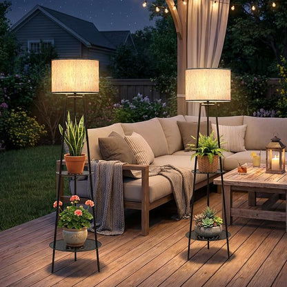 Solar Outdoor Floor Lamp with Plant Shelves, Waterproof Solar Standing Lamp for Patio Porch Garden Yard, Auto On/Off Warm LED Floor Light with 2-Tier Plant Stand, Cordless Outdoor Decor Lighting