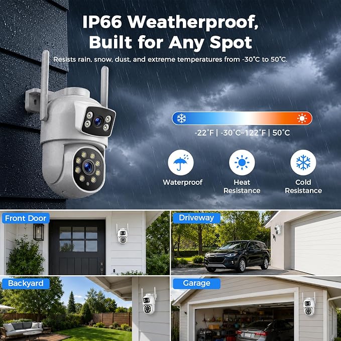 Camcamp Home Security Camera System Wireless Outdoor, 4 Dual Lens Cameras | PTZ auto tracking,10CH NVR,500GB HDD,24/7 recording,no monthly fee,color night vision,2-way audio,IP66 weatherproof