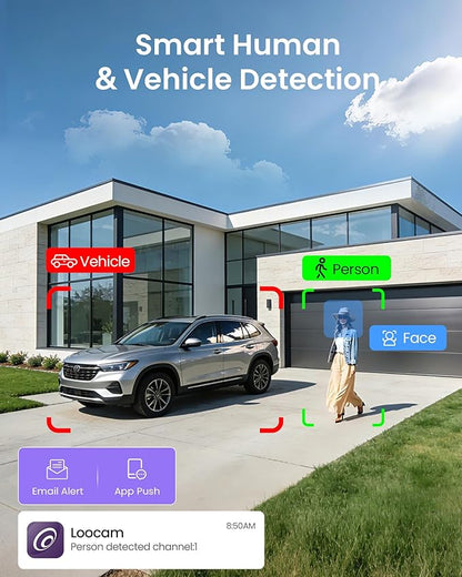 Loocam 8MP CCTV Cameras Security System with 2TB HDD & 8CH NVR, Wired Security Camera System PoE 4K with 4pcs Pan Tilt Security Cameras, AI Human/Vehicle Detection, Two Way Audio, Auto Tracking