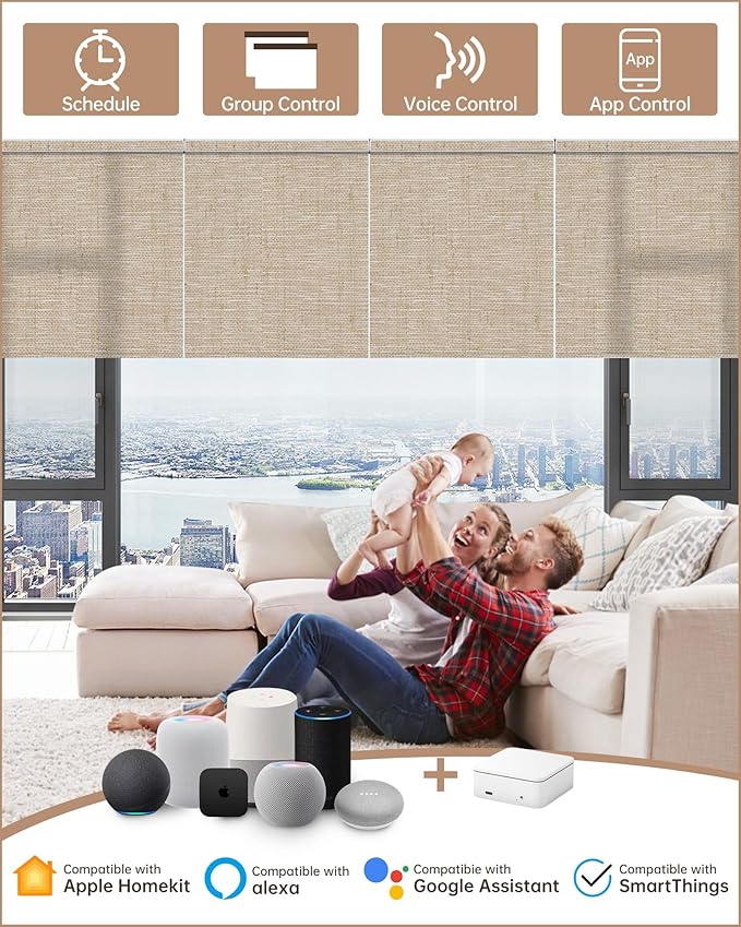 Kincmo Motorized Blinds with Remote, Light Filtering Roller Shades Work with Apple Homekit,Alexa,Google Home, Custom Electric Blinds with App,Voice Control (75% Blackout Linen Caramel)