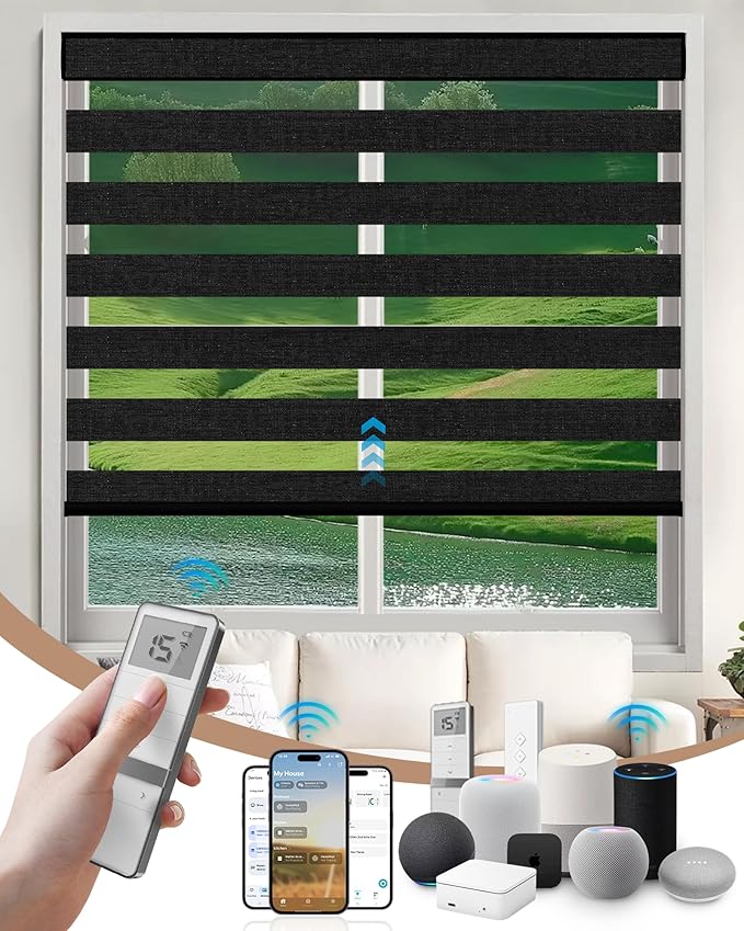 Kincmo Motorized Blinds with Remote, Motorized Zebra Shades Work with Apple Homekit,Alexa,Google Home, Customized Electric Blinds with Remote,App,Voice Control (70% Blackout Galaxy Black)