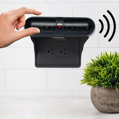 Power Perch Horizontal Outlet Shelf Organizer for Alexa Echo Dot Speakers, Phone - Wall Outlet Holder with Cord Storage Strap - Socket Shelf Bathroom Kitchen Counter Charging Station - Black 1 Pack