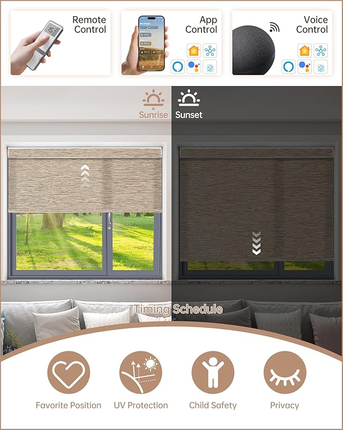 Kincmo Motorized Blinds with Remote, Light Filtering Roller Shades Work with Apple Homekit,Alexa,Google Home, Custom Electric Blinds with App,Voice Control (75% Blackout Aqua Waves Sandy)