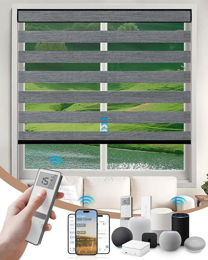 Kincmo Motorized Blinds with Remote, Motorized Zebra Shades Work with Apple Homekit,Alexa,Google Home, Customized Electric Blinds with Remote,App,Voice Control (70% Blackout Galaxy Dark Grey)