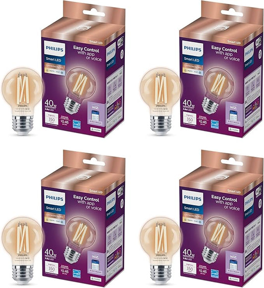 Philips Smart Vintage G16.5 40W Tunable White Filament LED Smart Bulb 4 Pack - E26 Indoor -Connect to Your Wi-Fi - Control with Voice or App - Powered by WiZ Connected