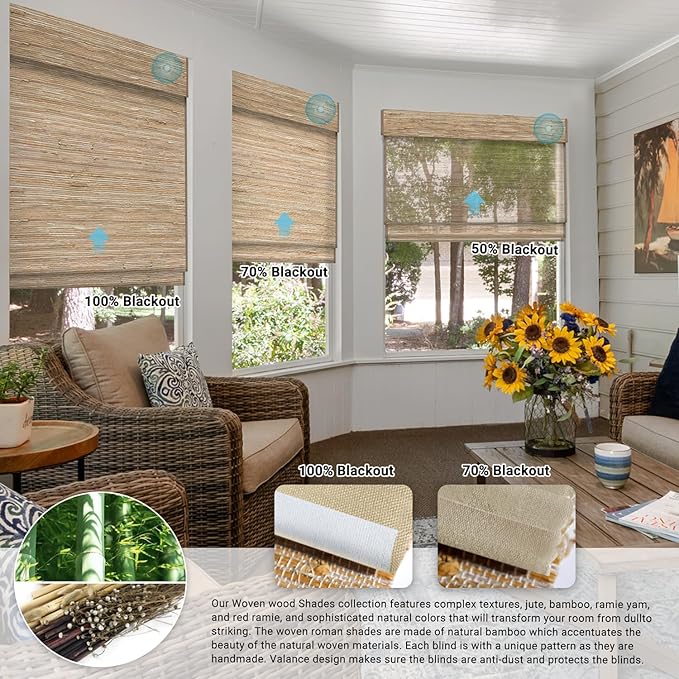 SmartWings Motorized Natural Woven Wood Shades for Windows Work with Matter Thread Homekit Z-Wave Alexa Google, 50%/70%/100% Blackout Electric Auto Roman Shades Cordless Remote Customized, Linen 005