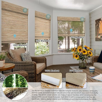 SmartWings Motorized Natural Woven Wood Shades for Windows Work with Matter Thread Homekit Z-Wave Alexa Google, 50%/70%/100% Blackout Electric Auto Roman Shades Cordless Remote Customized, Linen 005