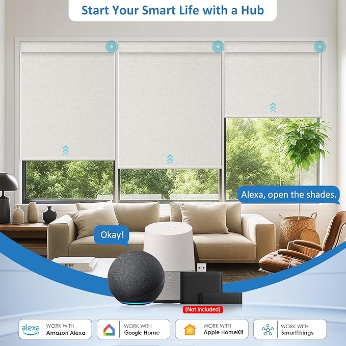 Smart Motorized Blinds with Remote, Cordless No-Drill Automatic Roller Shades, Blackout Electric Blind for Windows, Linen Stone, 34 x 64