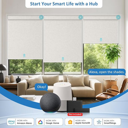 Smart Motorized Blinds with Remote, Cordless No-Drill Automatic Roller Shades, Blackout Electric Blind for Windows, Linen Stone, 30 x 64