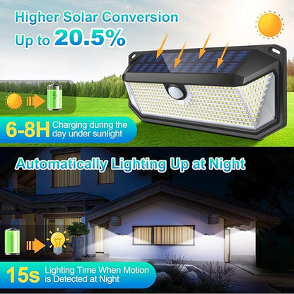 Solar Lights Outdoor Waterproof, 4-Pack Super Bright 388 LEDs Motion Sensor Security Lights with Lights Reflector and 3 Lighting Modes, Waterproof Solar Wall Lights for Patio, Deck, Fence, Garage